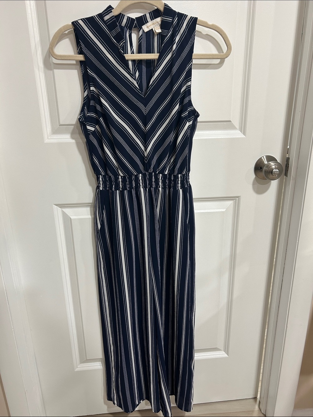 Sleeveless Navy and White Striped Jumpsuit